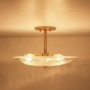 LightFixturesUSA - Cloudy Style Textured Glass Shallow Bowl Round Semi Flush Mount - Ceiling Light - Brass - 