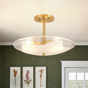 LightFixturesUSA - Cloudy Style Textured Glass Shallow Bowl Round Semi Flush Mount - Ceiling Light - Brass - 