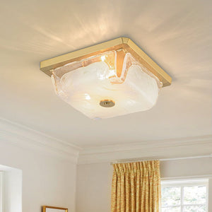 LightFixturesUSA - Cloudy Style Textured Glass Square Flush Mount Ceiling Light - Ceiling Light - Brass - 