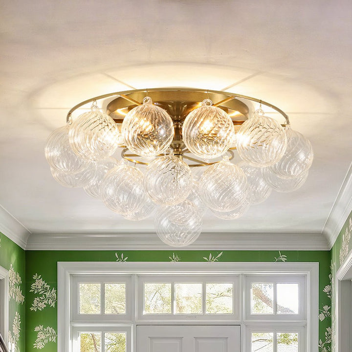 LightFixturesUSA - Cluster Ribbed Glass Bubble Round Tiered Semi Flush Chandelier - Ceiling Light - Brass - 