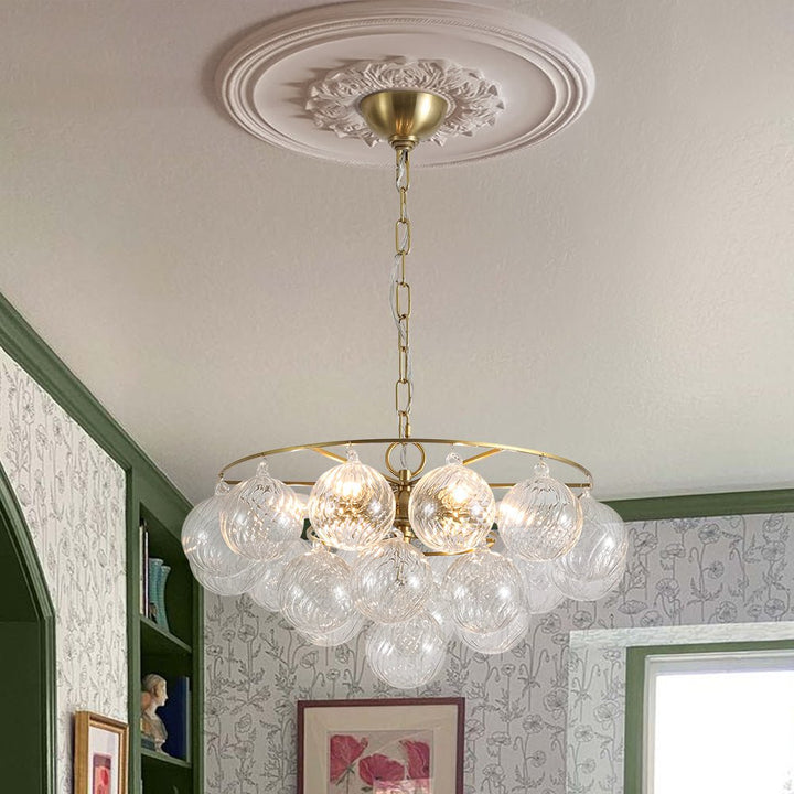 LightFixturesUSA - Cluster Ribbed Glass Globe Bubble Round Tiered Chandelier - Chandelier - Brass - 