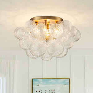 LightFixturesUSA - Cluster Rippled Glass Bubble Round Semi Flush Chandelier - Chandelier - Brass - 