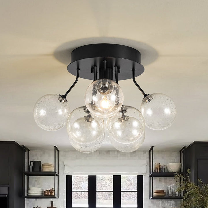 LightFixturesUSA - Cluster Seeded Glass Globe Bubble Round Semi Flush Mount - Ceiling Light - Black - 