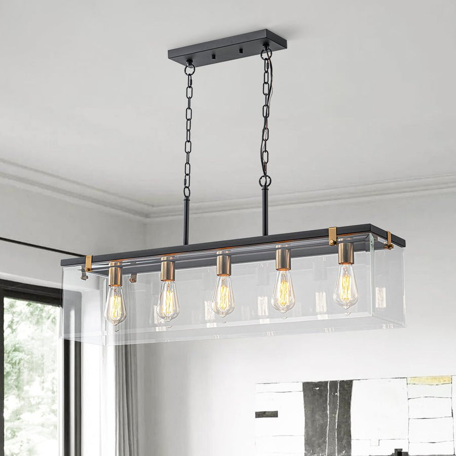 LightFixturesUSA - Contemporary Clear Glass Rectangular Cage Island Chandelier - Chandelier - 37 in - 