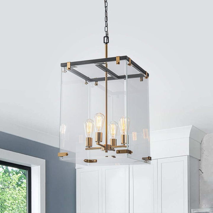 LightFixturesUSA - Contemporary Glass Wide Square Lantern Pendant Chandelier - Chandelier - 15.7in - 