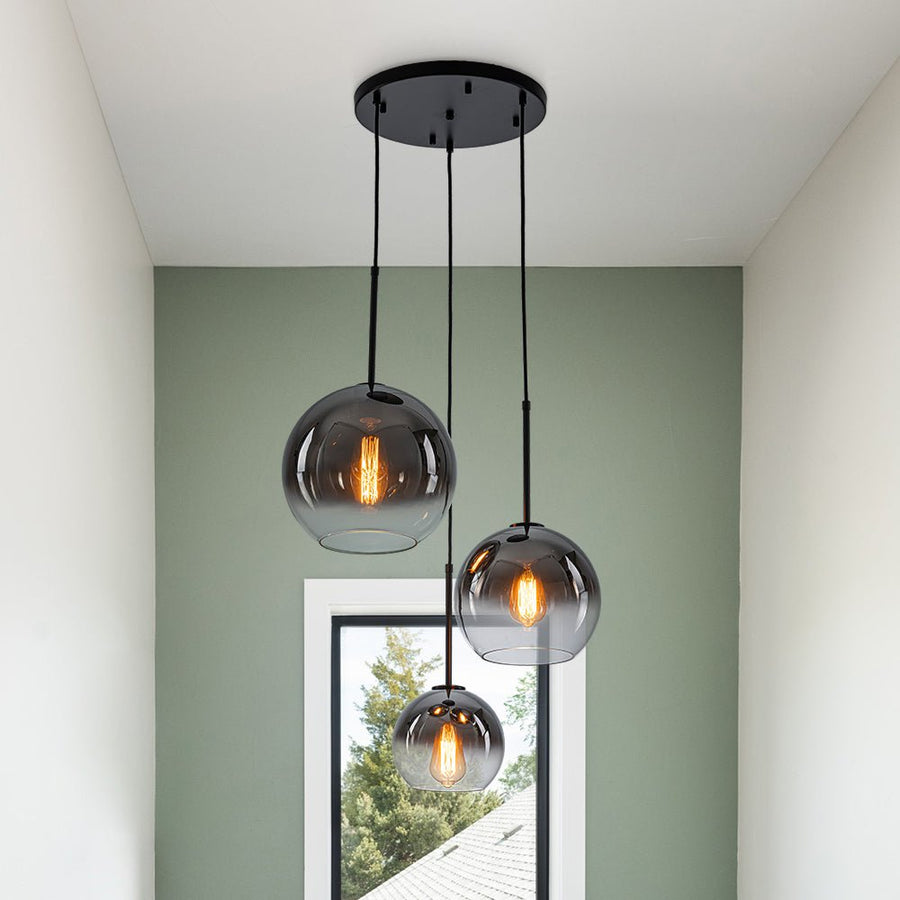 LightFixturesUSA - Contemporary Polished Gradual Glass Globe 3 - Light Pendant - Chandelier - Smoked Glass - 