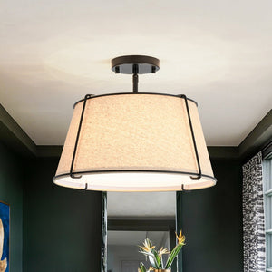 LightFixturesUSA - Contemporary Wide Linen Drum Brass Semi Flush Mount - Ceiling Light - 4 - Lt/Beige Linen - Black