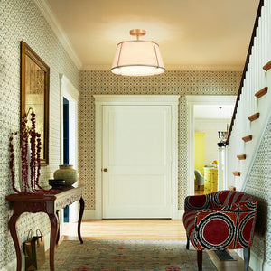 LightFixturesUSA - Contemporary Wide Linen Drum Brass Semi Flush Mount - Ceiling Light - 4 - Lt/White Linen - Nickel