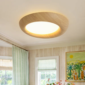 LightFixturesUSA-Crater Rustic Wood Grain Dimmable LED Flush Mount Light-Ceiling Light-Oak-
