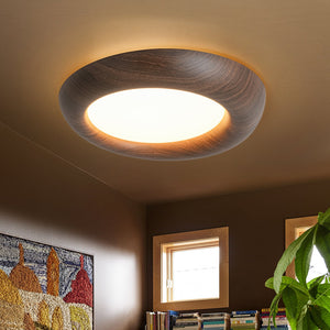 LightFixturesUSA-Crater Rustic Wood Grain Dimmable LED Flush Mount Light-Ceiling Light-Walnut-
