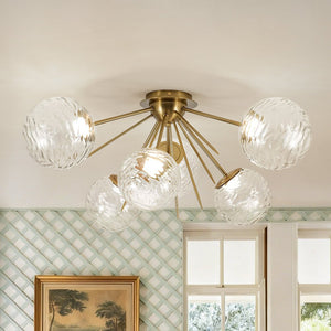 LightFixturesUSA - Dimmable LED 6 - Light Ripple Glass Sputnik Semi Flush Chandelier - Chandelier - Brass - 