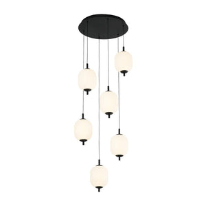 LightFixturesUSA - Dimmable LED Ribbed White Glass 6 - Light Cluster Round Pendant - Pendant Light - 18 in - 