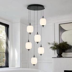 LightFixturesUSA - Dimmable LED Ribbed White Glass 6 - Light Cluster Round Pendant - Pendant Light - 18 in - 