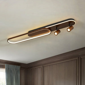 LightFixturesUSA - Dimmable LED Wood Linear Oval Semi Flush Adjustable Spotlight - Ceiling Light - Walnut + 2 Spotlights - 