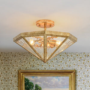 LightFixturesUSA - Distressed Gold Geometric Water Glass Cage Semi Flush Mount - Ceiling Light - 16 in - 