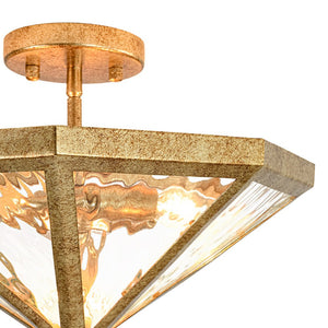 LightFixturesUSA - Distressed Gold Geometric Water Glass Cage Semi Flush Mount - Ceiling Light - 16 in - 