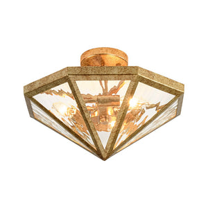 LightFixturesUSA - Distressed Gold Geometric Water Glass Cage Semi Flush Mount - Ceiling Light - 16 in - 