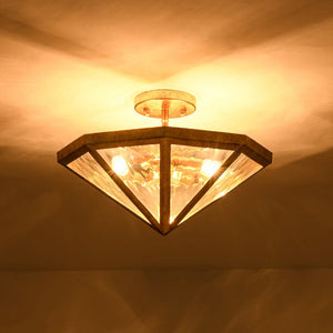 LightFixturesUSA - Distressed Gold Geometric Water Glass Cage Semi Flush Mount - Ceiling Light - 16 in - 