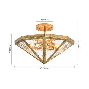LightFixturesUSA - Distressed Gold Geometric Water Glass Cage Semi Flush Mount - Ceiling Light - 16 in - 