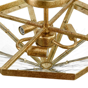 LightFixturesUSA - Distressed Gold Geometric Water Glass Cage Semi Flush Mount - Ceiling Light - 16 in - 