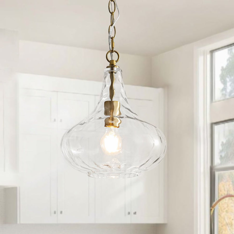 LightFixturesUSA - Farmhouse 1 - Light Hammered Glass Bell Kitchen Pendant Light - Pendant Light - Brass - 