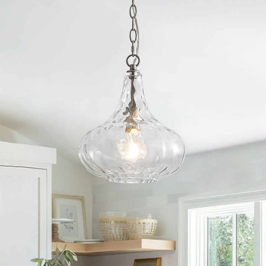 LightFixturesUSA - Farmhouse 1 - Light Hammered Glass Bell Kitchen Pendant Light - Pendant Light - Nickel - 