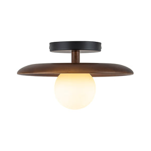 LightFixturesUSA-Farmhouse 1-Light Walnut Saucer Frosted Glass Globe Semi Flush-Ceiling Light-11 in-