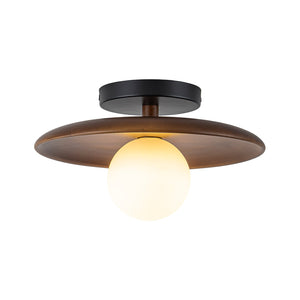 LightFixturesUSA-Farmhouse 1-Light Walnut Saucer Frosted Glass Globe Semi Flush-Ceiling Light-11 in-