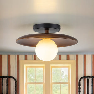 LightFixturesUSA-Farmhouse 1-Light Walnut Saucer Frosted Glass Globe Semi Flush-Ceiling Light-11 in-