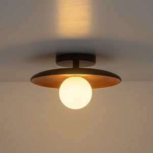 LightFixturesUSA-Farmhouse 1-Light Walnut Saucer Frosted Glass Globe Semi Flush-Ceiling Light-11 in-