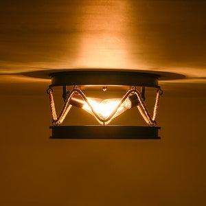 LightFixturesUSA - Farmhouse 2 - Light Hemp Rope Iron Drum Cage Flush Mount - Ceiling Light - 14 in - 
