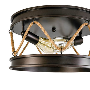 LightFixturesUSA - Farmhouse 2 - Light Hemp Rope Iron Drum Cage Flush Mount - Ceiling Light - 14 in - 