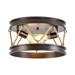LightFixturesUSA - Farmhouse 2 - Light Hemp Rope Iron Drum Cage Flush Mount - Ceiling Light - 14 in - 