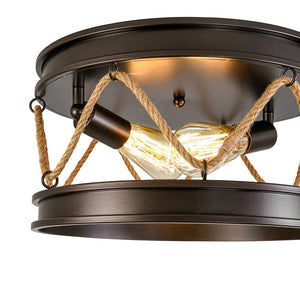LightFixturesUSA - Farmhouse 2 - Light Hemp Rope Iron Drum Cage Flush Mount - Ceiling Light - 14 in - 