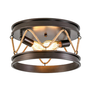 LightFixturesUSA - Farmhouse 2 - Light Hemp Rope Iron Drum Cage Flush Mount - Ceiling Light - 14 in - 