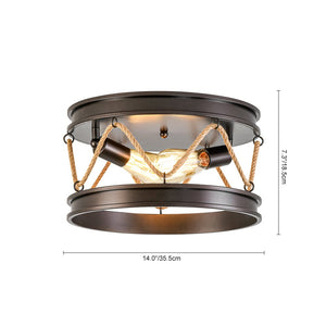 LightFixturesUSA - Farmhouse 2 - Light Hemp Rope Iron Drum Cage Flush Mount - Ceiling Light - 14 in - 