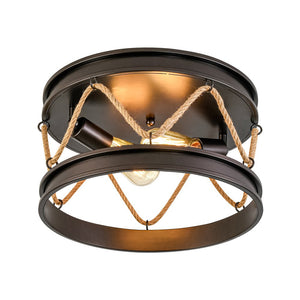LightFixturesUSA - Farmhouse 2 - Light Hemp Rope Iron Drum Cage Flush Mount - Ceiling Light - 14 in - 
