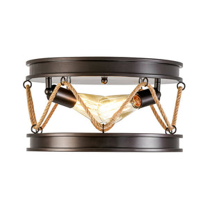 LightFixturesUSA - Farmhouse 2 - Light Hemp Rope Iron Drum Cage Flush Mount - Ceiling Light - 14 in - 