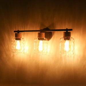 LightFixturesUSA-Farmhouse 3-Light Rope Hammered Glass Vanity Wall Lamp-Wall Sconce-Black-
