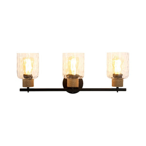 LightFixturesUSA-Farmhouse 3-Light Rope Hammered Glass Vanity Wall Lamp-Wall Sconce-Black-