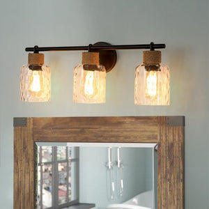 LightFixturesUSA-Farmhouse 3-Light Rope Hammered Glass Vanity Wall Lamp-Wall Sconce-Black-