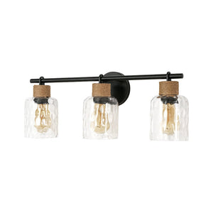 LightFixturesUSA-Farmhouse 3-Light Rope Hammered Glass Vanity Wall Lamp-Wall Sconce-Black-