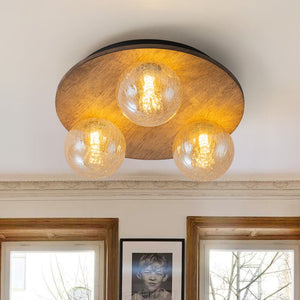 LightFixturesUSA - Farmhouse Amber Textured Glass Wooden Round Ceiling Light - Ceiling Light - 3 - Lt - 