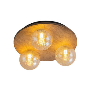 LightFixturesUSA - Farmhouse Amber Textured Glass Wooden Round Ceiling Light - Ceiling Light - 3 - Lt - 