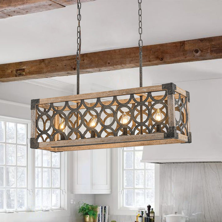 LightFixturesUSA - Farmhouse Antique Wooden Rectangle Box Linear Chandelier - Chandelier - Rustic - 