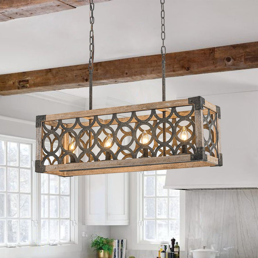 LightFixturesUSA - Farmhouse Antique Wooden Rectangle Box Linear Chandelier - Chandelier - Rustic - 