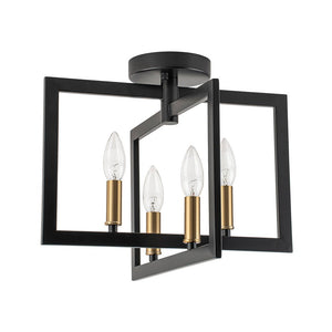 LightFixturesUSA-Farmhouse Black Brass 4-Light Square Cage Semi Flush Mount-Ceiling Light-14.6 in-