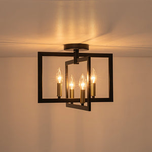 LightFixturesUSA-Farmhouse Black Brass 4-Light Square Cage Semi Flush Mount-Ceiling Light-14.6 in-