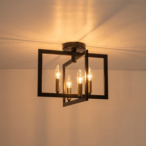 LightFixturesUSA-Farmhouse Black Brass 4-Light Square Cage Semi Flush Mount-Ceiling Light-14.6 in-