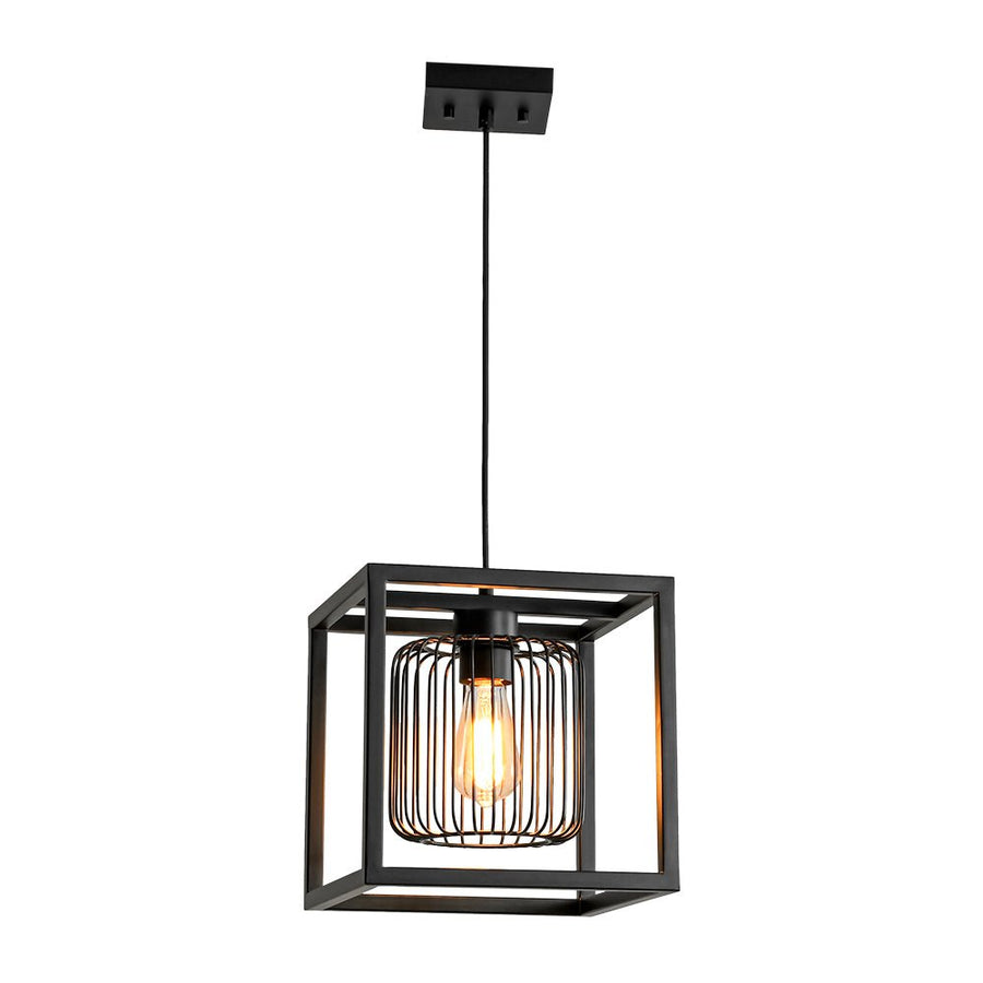 LightFixturesUSA - Farmhouse Black Dual Cage Square Lantern Pendant Light - Pendant Light - Black - 